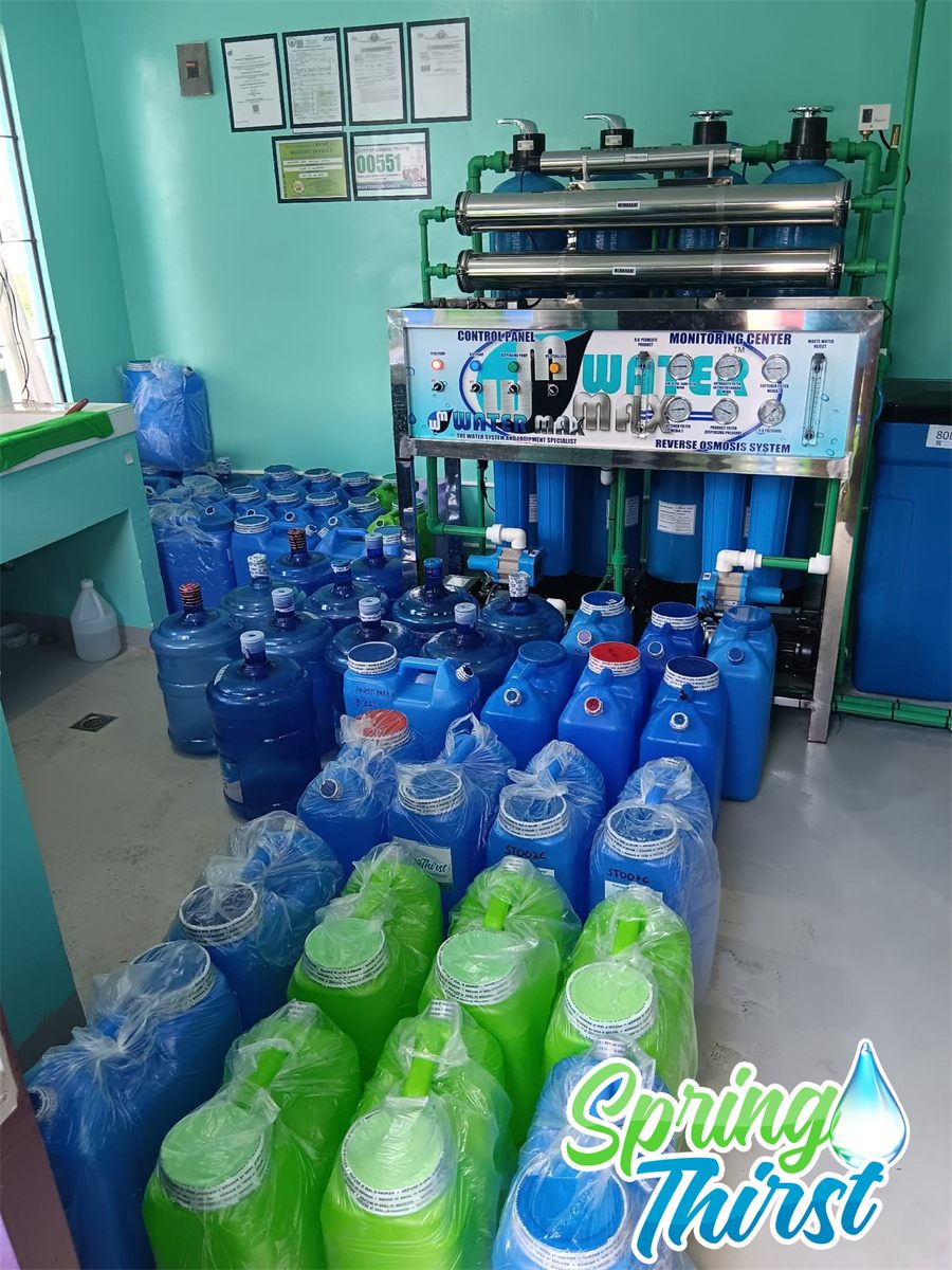 Production area with purification system and stocked water containers